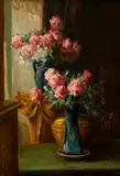Joannès Chaleyé, Pink Flowers in a Blue Vase, Oil on board