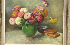 Joannès Chaleyé, Still Life with Flowers and Books, Oil on board