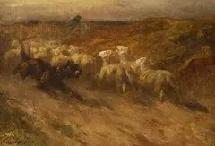 Charles Hermann-Léon, Dog Herding Sheep, Oil on canvas