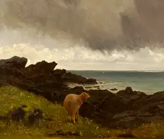 Untitled by Juliette Bonheur, SHEEP BY ROCKY COASTLINE, oil on canvas, sold Dec 2004