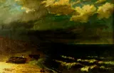 Gustave Doré, View of Seacoast with Beached Boats and Figure, Oil on canvas