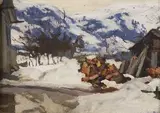 Arnold Lakhovsky, Barns in the Snow, Oil on board