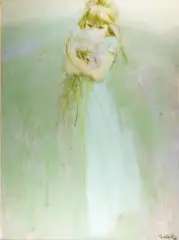 Girl Holding Bouquet by Thornton Utz, Oil on board, offered Dec 2004