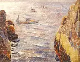 Dines Carlson, Boats Near Costal Rocks, Oil on canvas mounted on masonite