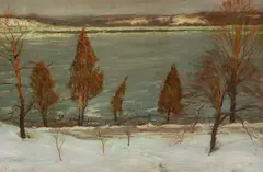 Snow Scene Along River by Hal Robinson, Oil on canvas, sold Dec 2004
