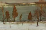 Hal Robinson, Snow Scene Along River, Oil on canvas