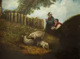 Two Men Watching Boars by English School, Oil on panel, sold Mar 2005