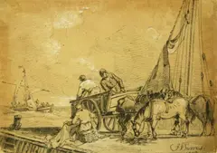 John Thomas Serres, Preparing to Load, Black and white chalk on brown paper
