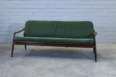 Hartmut Lohmeyer, German 'Model 400' teak and cane settee, 1962, the seat and back cushions upholstered in green velvet