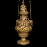 Incensario, FRANCIA, CA, 1900, Bronce laminado, repujado con relieves de figuras vegetales y serafines, remate calado