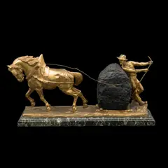 Le Carrier*, FRANCIA, SIGLO XX, Bronce, acabado dorado, aplicación de piedra; base de mármol