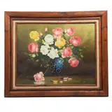 Autor No Reconocido, Bodegón con flores (rosas amarillas, rosas y blancas), Óleo sobre tela