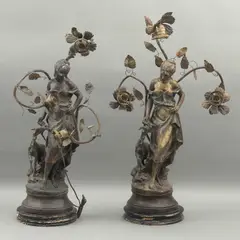 Campesinas Con Cabras*, PRINCIPIOS DEL SIGLO XX, Bronce, patinado en color marrón y oro, adaptadas a lámparas; bases de madera