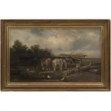 Samuel Joseph Clark, ESCENA EXTERIOR CON CABALLOS, Óleo sobre tela