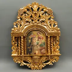 Santa Rosa de Lima, ESCUELA CUZQUEÑA, SIGLO XX, Óleo sobre tela, adherido a tablero, marco de madera dorada tipo retablo