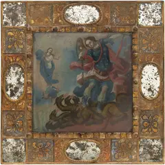 San Miguel Arcángel Venciendo Al Dragón, MÉXICO, SIGLO XVIII, Tinta sobre vidrio eglomizado