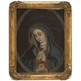 Virgen Dolorosa, MÉXICO, SIGLO XIX, Óleo sobre tela intervenida con colgantes a manera de collar y pulseras