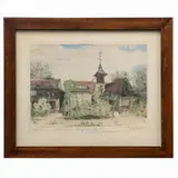 Marcel Jacque, La maison de Th. Rousseau et l'Église de Barbizon, Litografía acuareleada sin número de tiraje