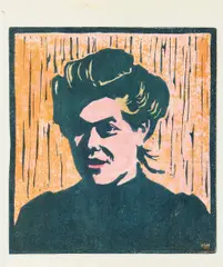 Gabriele Münter, Aurelie, 1906, Farblinolschnitt (rosé, orange, gelb, rot) auf Japan