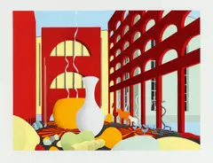 Die Bank, eine Wertvorstellung by Thomas Huber, 1992, Kassette mit sieben farbigen Serigrafien/Lichtdrucken auf Fabriano, sold Apr 2017