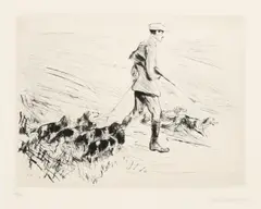 Jäger mit Hunden by Max Liebermann, 1924, Kaltnadelradierung auf VAN GELDER ZONEN (Wasserzeichen), sold Jan 2019