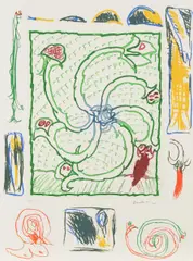 Roue sans jante by Pierre Alechinsky, 1972, Farbige Aquatinta und Offsetlithografie auf Velin, sold Oct 2017
