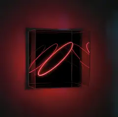 Ai Weiwei, Thinline, 2017, Multiple comprising glass fibre light line and PMMA mirror backdrop, within an acrylic display case