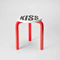 Barbara Kruger, Untitled (Kiss), 2019, Artek Stool 60 in birch, birch plywood and laminate, designed by Alvar Aalto, in black, white and red, contained within the original card box
