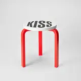 Barbara Kruger, Untitled (Kiss), 2019, Artek Stool 60 in birch, birch plywood and laminate, designed by Alvar Aalto, in black, white and red, contained within the original card box