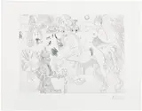 Pablo Picasso, Dressage au cirque, avec, au premier plan, écuyère, magicien, fauconnier et la colombe de Noé (Circus Training, Featuring, in the Foreground, an Equestrian, a Magician, a Falconer, and Noah's Dove), plate 36 from Série 156 (Bl. 1891, Ba. 1897)