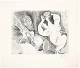 Pablo Picasso, Danseuse tâchant de séduire la chouette d'un guitariste - ou l'inverse (Dancer Trying to Seduce a Guitarist's Owl - or the Other Way Around), plate 46 from Série 156 (Bl. 1901, Ba. 1907)