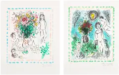 Marc Chagall, Les quinze dernières lithographies de Marc Chagall (Marc Chagall's Last Fifteen Lithographs): plate 2 and 11 (M. 1036; 1047), 1984-85, Two lithographs in colours, on Arches paper, with full margins