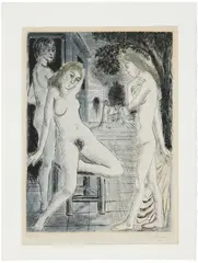 Paul Delvaux, Seven Dialogues with Paul Delvaux: one plate (J. 76), 1971, Etching in colours, on BFK Rives paper, with full margins