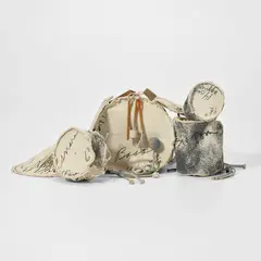 Claes Oldenburg, Miniature Soft Drum Set (S. 1969.06, P. 12, A. & P. 61), 1969, Multiple comprising screenprint on canvas, wash-line, wood and spray-paint