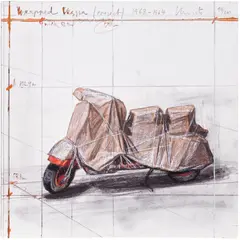 Wrapped Vespa, Project (S. 201) by Christo & Jeanne-Claude, 2009, Digital pigment print in colours with collage and hand-colouring in black crayon, on Rag paper, the full sheet, sold Sep 2026