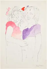 Andy Warhol, Two Girls Laughing, 1954, Offset lithograph with unique hand-colouring in watercolour, on wove paper, with full margins