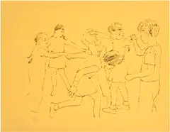 Andy Warhol, Children Playing Ring Around the Rosie (Happy December), 1954, Offset lithograph, on lightweight yellow Adirondack Bond paper, the full sheet