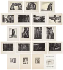 Henry Moore, Stonehenge (C. 202; 203; 207-223), 1972-73, The complete set of 16 lithographs and three etchings (including the cover image), six in colours, on various papers, with full margins, the sheets loose (as issued), with title page, table of contents, justification page and accompanying booklet with text by Stephen Spender, all contained in the original vellum wrapper and beige cloth-covered portfolio with printed artist's name and title