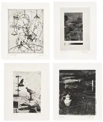 William Kentridge, Receiver, 2005, The complete artist's book with 23 photogravure and drypoints, on handmade abaca paper, with full margins, 22 bound and one loose (as issued), with text by Wislawa Szymborska, all contained in the original handmade black paper wrappers and fabric-covered slipcase; and seven additional photogravure and drypoints, on various papers, with full margins