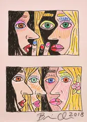 Brian Calvin, Untitled, from Duet (With Chorus), 2015, Offset lithograph with unique hand-colouring in coloured pencil and marker, on pink card, with full margins, with the accompanying book entitled Duet (with Chorus)
