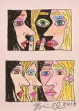 Brian Calvin, Untitled, from Duet (With Chorus), 2015, Offset lithograph with unique hand-colouring in coloured pencil and marker, on pink card, with full margins, with the accompanying book entitled Duet (with Chorus)