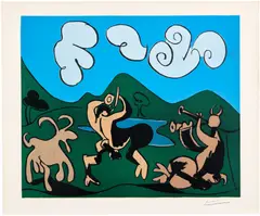 Pablo Picasso, Faunes et chèvre (Fauns and Goat) (Bl. 934, Ba. 1263), 1959, Linocut in colours, on Arches paper, with full margins