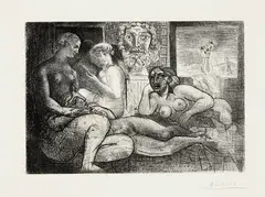 Pablo Picasso, Quatre femmes nues et tête sculptée (Four Nude Women and a Sculpted Head), plate 82 from La Suite Vollard (Bl. 219, Ba. 424), 1934, Etching, on Montval laid paper watermarked Vollard , with full margins