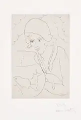 Henri Matisse, Jeune femme à la coiffure hollandaise, regardent des poissons (Young Woman with Dutch Hairstyle, Looking at Fish) (D. 184), 1929, Etching, with Chine-appliqué to Arches paper, with full margins