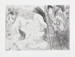 Raphaël et la Fornarina IV: avec le pape tirant le rideau (Raphael and the Fornarina IV: with the Pope Pulling Back the Curtain), plate 299 from Série 347 (Bl. 1779, Ba. 1796) by Pablo Picasso, 1968, Etching, on BFK Rives paper, with full margins, sold Sep 2026