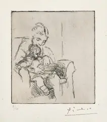 Pablo Picasso, Mère et fils (Olga et Paulo) (Mother and Son, Olga and Paulo) (Bl. 50, Ba. 67), 1922, Etching, on greenish laid paper, with wide margins