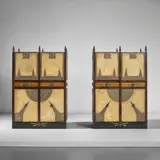 Carlo Bugatti, Pair of cabinets, circa 1900, Stained walnut, stained walnut with brass and pewter inlay, walnut, parchment, brass