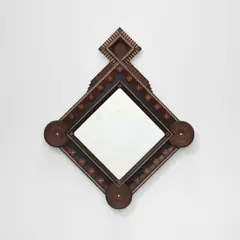 Carlo Bugatti, Mirror, circa 1904, Stained walnut and walnut with pewter and brass inlay, mirrored glass, brass, bone