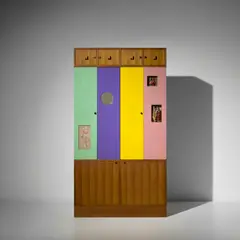 Ettore Sottsass, Unique 'Toeletta Nanda', from the Ettore Sottsass, Jr. and Fernanda Pivano residence, Milan, 1958, Walnut, painted wood, mirrored glass, glass, brass, stencil painting on paper, beads, fabric, sequins