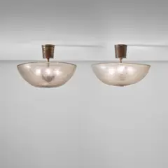 Pair of rare ceiling lights by Carlo Scarpa, circa 1935, Corroso coloured glass, brass, sold Apr 2026